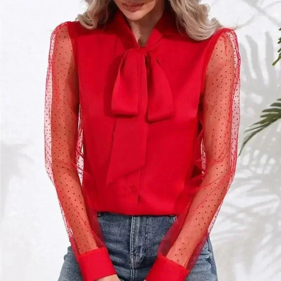 Elegant Red Bow Tie Blouse with Polka Dot Mesh Sleeve Romantic Statement Top A67 - Picture 3 of 8